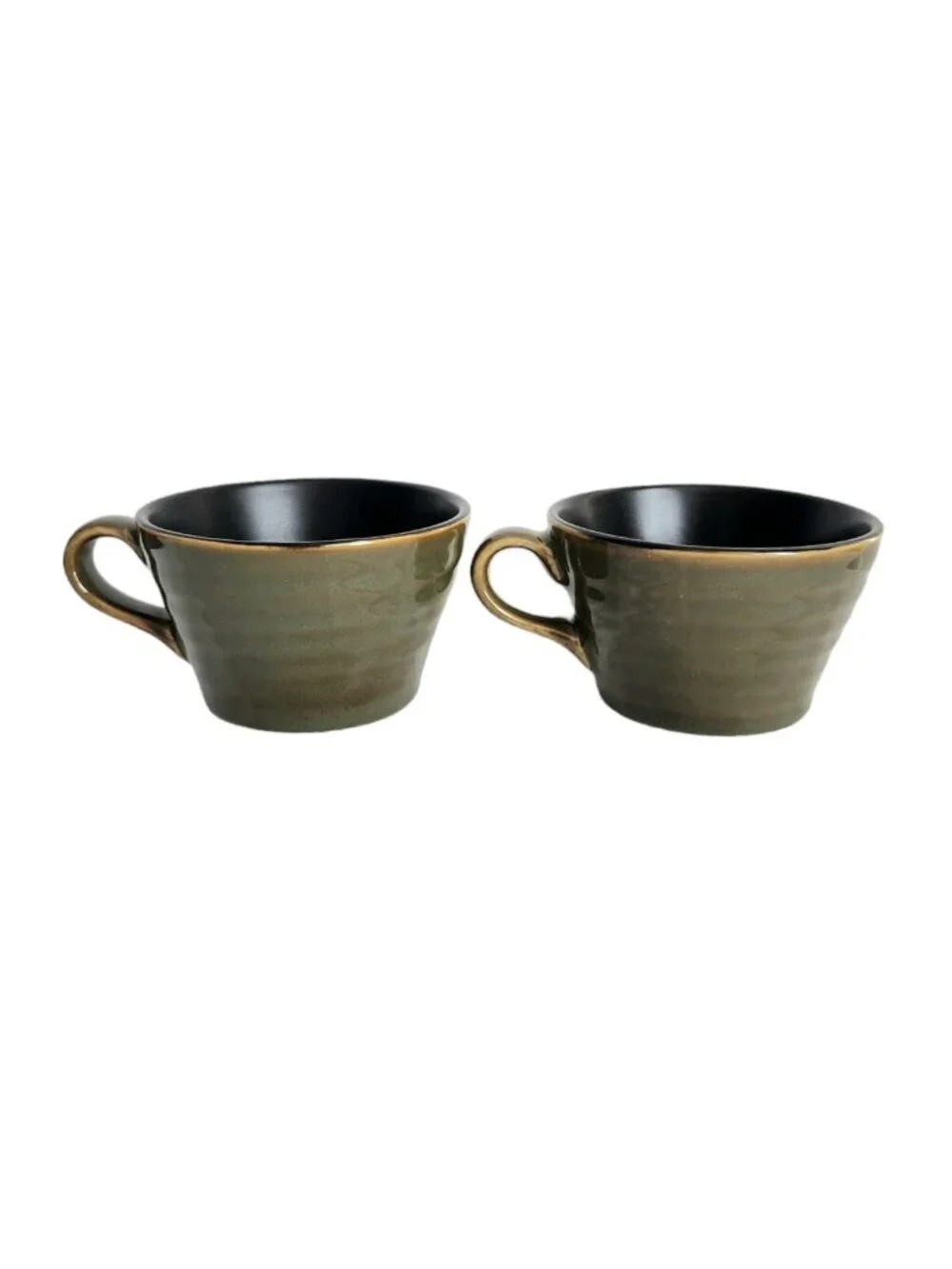Set Of 2 Pier 1 DAKARA Tea Coffee Cup & Saucers Olive Green Black Interior Boho